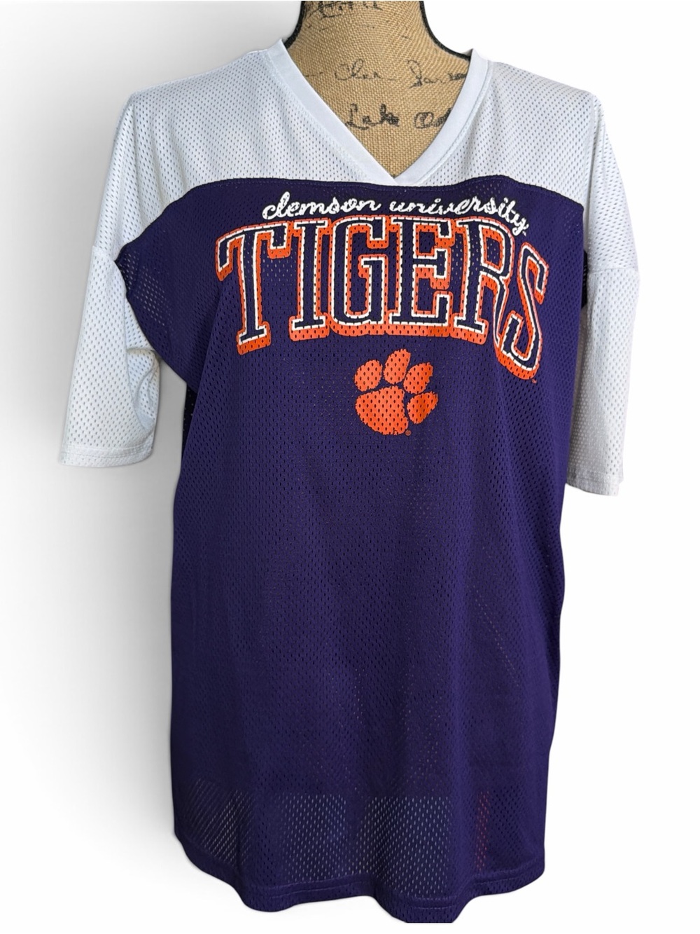 Clemson University Tigers by Nike. Purple & White  Mesh Jersey. EC. Size Small